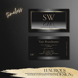 Noble Black and White Gradient Gold Frame Monogram Business Card