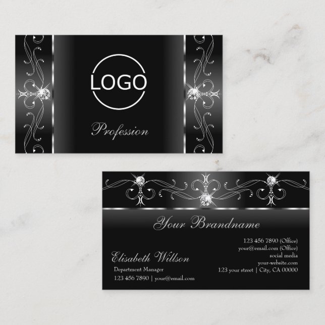 Noble Black and White Squiggled Jewels with Logo Business Card (Front/Back)