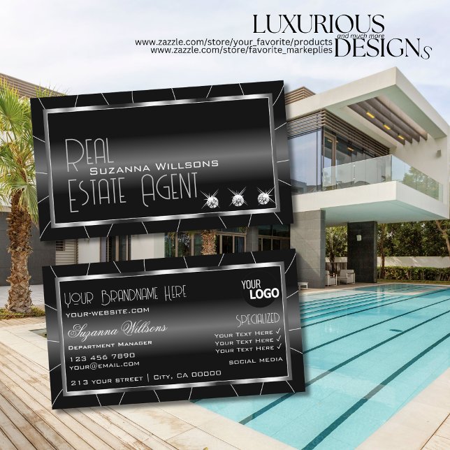 Noble Black and White with Diamonds & Logo Stylish Business Card (Creator Uploaded)