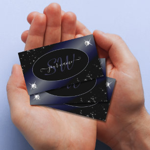 Noble Black Blue Glitter Stars Diamonds Initials Business Card