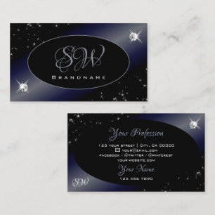 Noble Black Blue Glitter Stars Diamonds Monogram Business Card