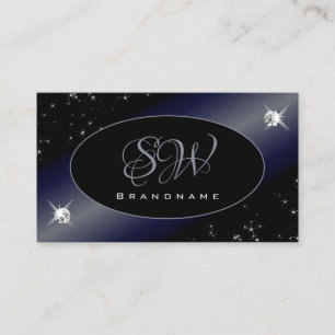 Noble Black Blue Glitter Stars Diamonds Monogram Business Card