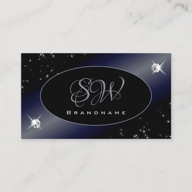 Noble Black Blue Glitter Stars Diamonds Monogram Business Card (Front)