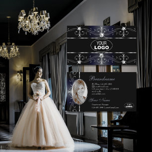 Noble Black Blue Ornate Borders Diamonds Logo Foto Business Card
