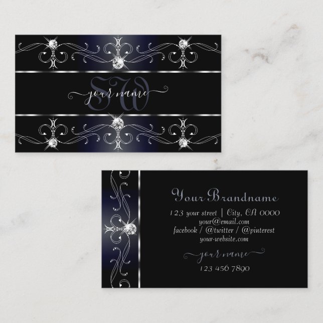 Noble Black Blue Ornate Borders Diamonds Monogram Business Card (Front/Back)