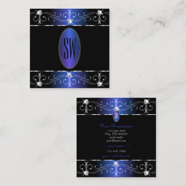 Noble Black Blue Purple Ornate Ornaments Initials Square Business Card (Front/Back)