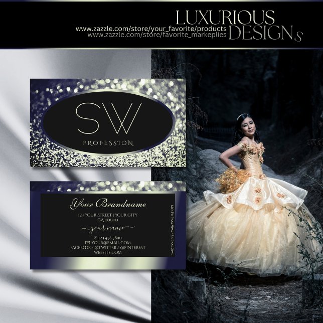 Noble Black Blue Silver Sparkle Glitter Monogram  Business Card (Creator Uploaded)