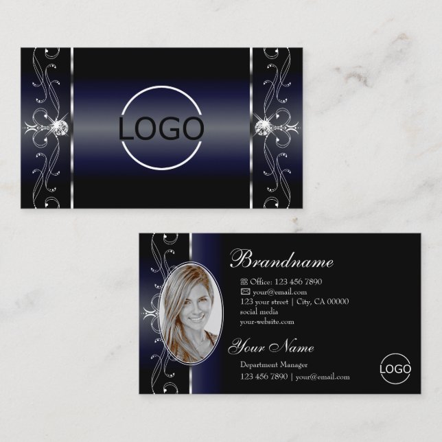 Noble Black Blue White Squiggled Jewels Logo Photo Business Card (Front/Back)