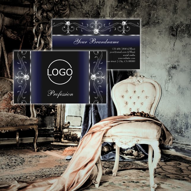 Noble Black Blue White Squiggled Jewels with Logo Business Card (Creator Uploaded)