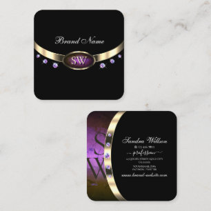 Noble Black Gold Purple Marble Initials Diamonds Square Business Card