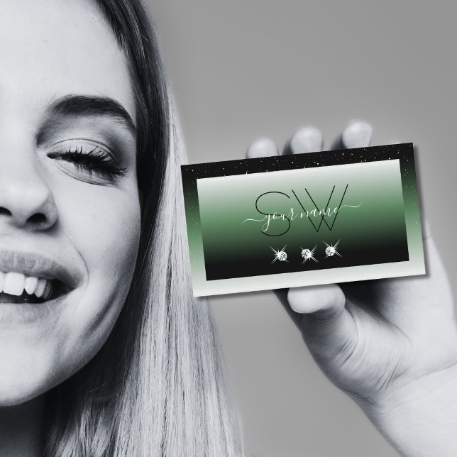 Noble Black Green Ombre Sparkle Diamonds Initials Business Card (Creator Uploaded)