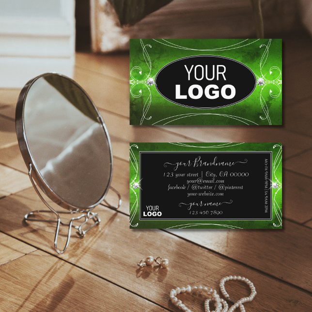 Noble Black Green Ornate Sparkle Diamonds Add Logo Business Card (Creator Uploaded)