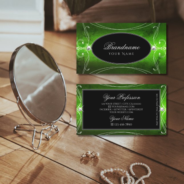 Noble Black Green Ornate Sparkle Diamonds Luxury Business Card (Creator Uploaded)