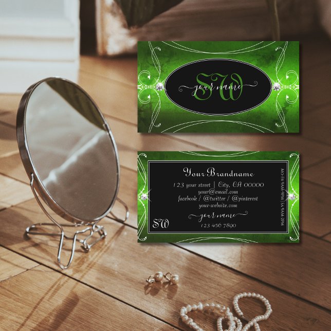 Noble Black Green Ornate Sparkle Diamonds Monogram Business Card (Creator Uploaded)