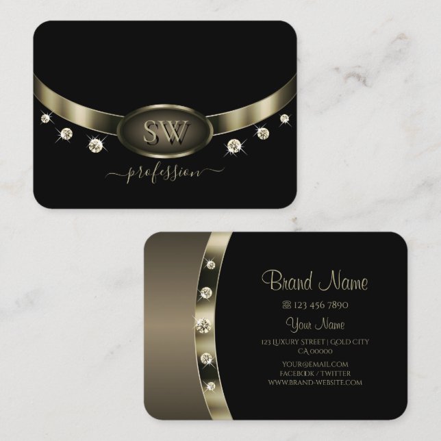 Noble Black Platinum Silver with Monogram Diamonds Business Card (Front/Back)