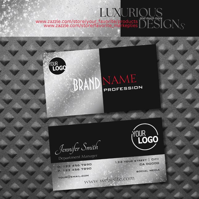 Noble Black Red Silver Glittery Stars and Logo Business Card (Creator Uploaded)
