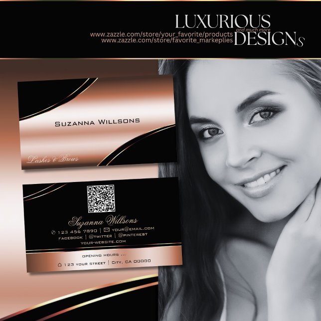 Noble Black Rose Gold Curved Decor Lines QR Code Business Card (Creator Uploaded)