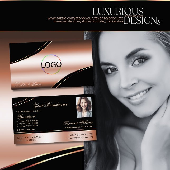 Noble Black Rose Gold Curved Lines Logo and Photo Business Card (Creator Uploaded)