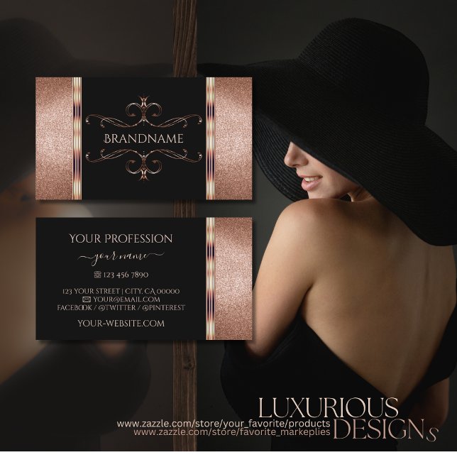 Noble Black Rose Gold Glitter Ornate Ornamental Business Card (Creator Uploaded)