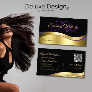 Noble Black Wavy Gold Decor Initials and QR Code Business Card