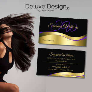 Noble Black Wavy Gold Decor with Initials Classy Business Card