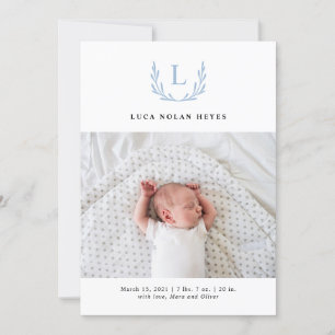 Noble Blue Monogram Wreath Birth Announcement