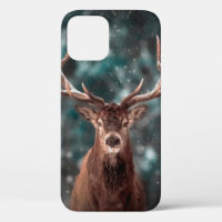 Noble deer male in winter snow forest. Artistic wi