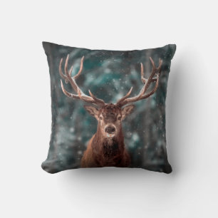 Noble deer male in winter snow forest. Artistic wi Cushion