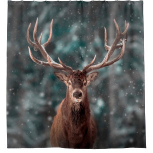 Noble deer male in winter snow forest. Artistic wi Shower Curtain