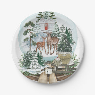 Noble deer male in winter snow forest paper plate