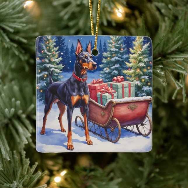 Noble Doberman Guarding Christmas Sleigh Winter Ceramic Ornament (Tree)