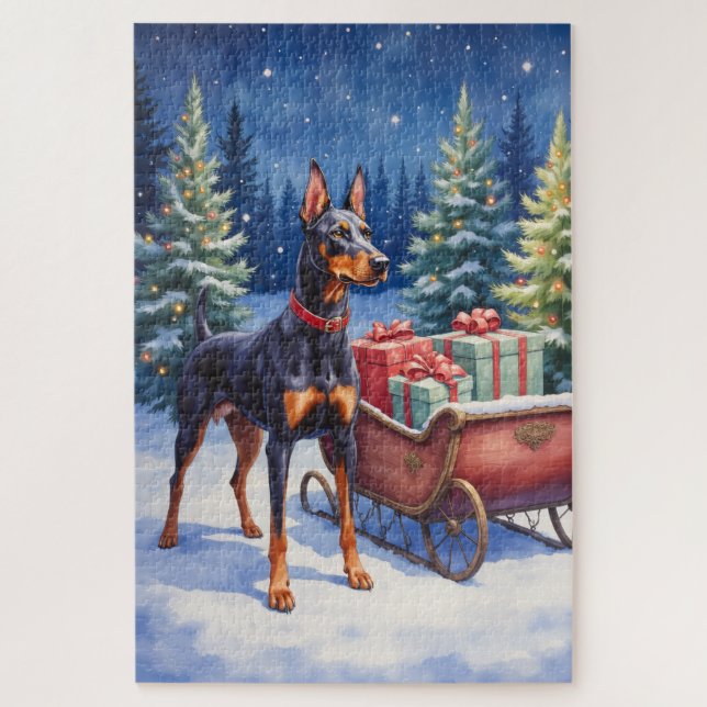 Noble Doberman Guarding Christmas Sleigh Winter Jigsaw Puzzle (Vertical)