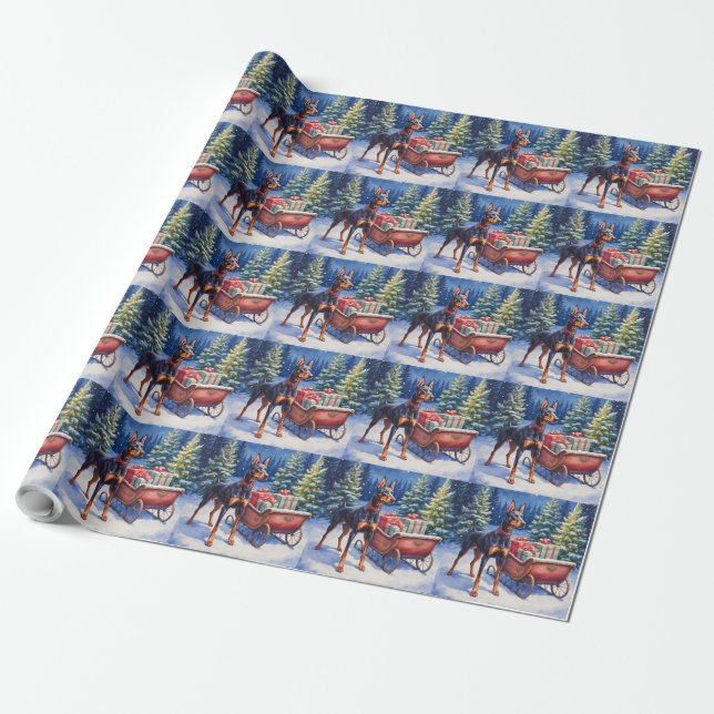 Noble Doberman Guarding Christmas Sleigh Winter Wrapping Paper (Unrolled)