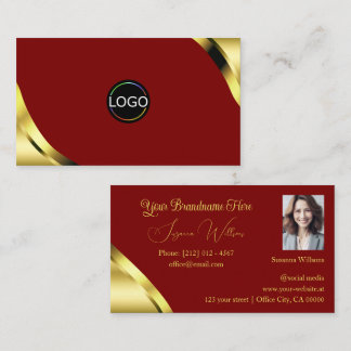 Noble Gold Corners on Dark Red with Logo and Photo Business Card