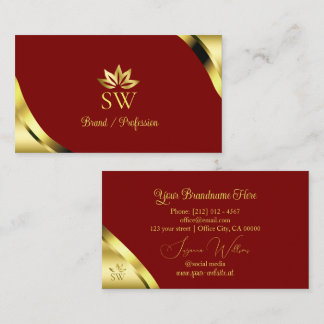 Noble Gold Corners on Dark Red with Monogram Business Card
