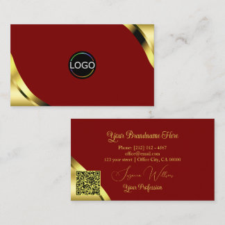 Noble Gold Corners on Red with Logo and QR Code Business Card