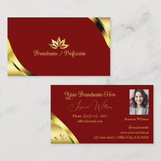 Noble Gold Corners on Red with Petals and Photo Business Card