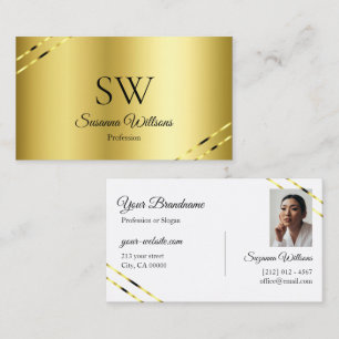 Noble Gold with Shimmery Lines Monogram and Photo Business Card