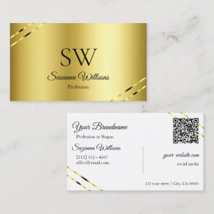 Noble Gold with Shimmery Lines Monogram QR Code Business Card
