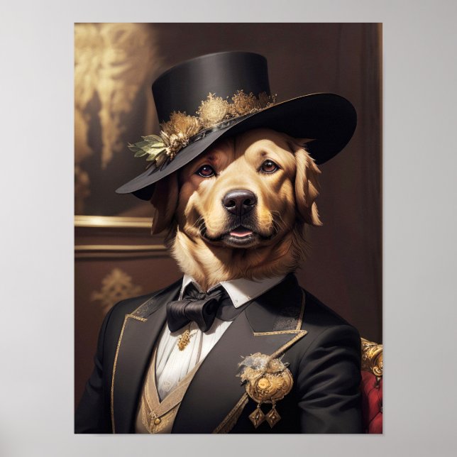 Noble Golden Retriever in elegant Victorian dress Poster (Front)