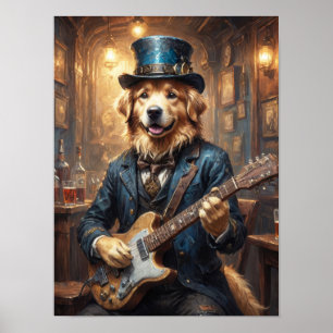 Noble golden Retriever playing guitar in pub Poster