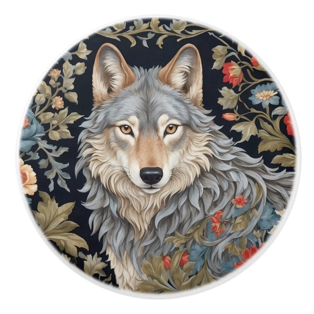 Noble Grey Wolf William Morris Inspired Ceramic Knob (Front)