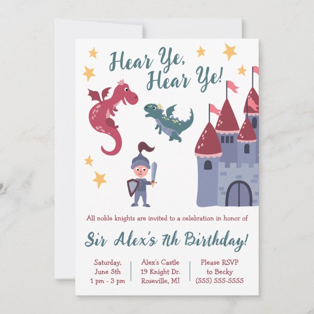 Noble Knight, Dragon, Castle Themed Birthday Party Invitation (Front)