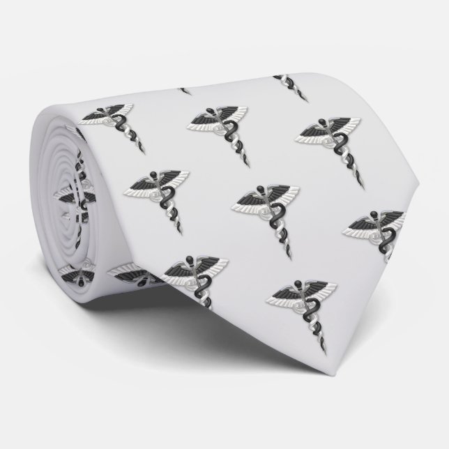 Noble Medical Elegant Black White Caduceus Pattern Tie (Rolled)