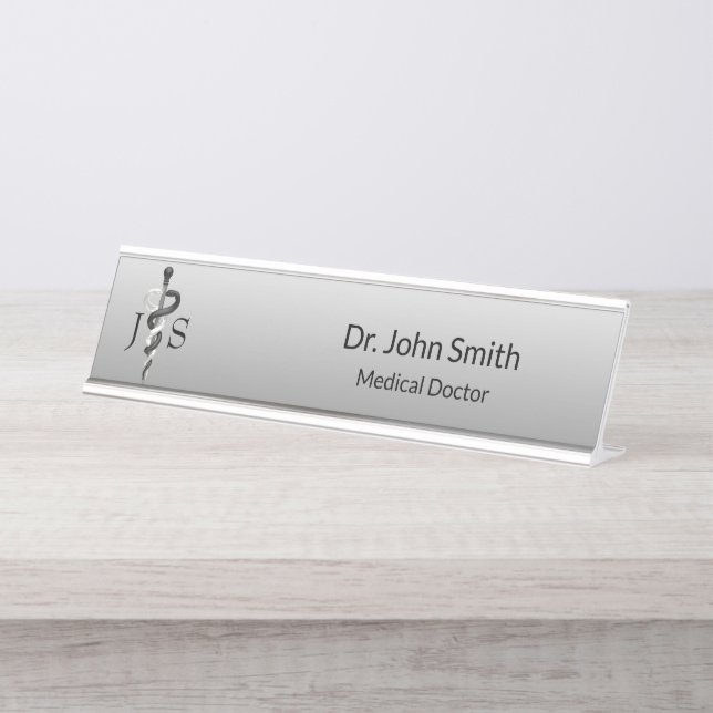 Noble Medical Elegant Classy Black White Asclepius Desk Name Plate (Front)