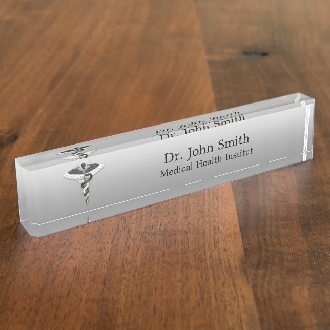 Noble Medical Elegant Classy Black White Caduceus Nameplate (Side)