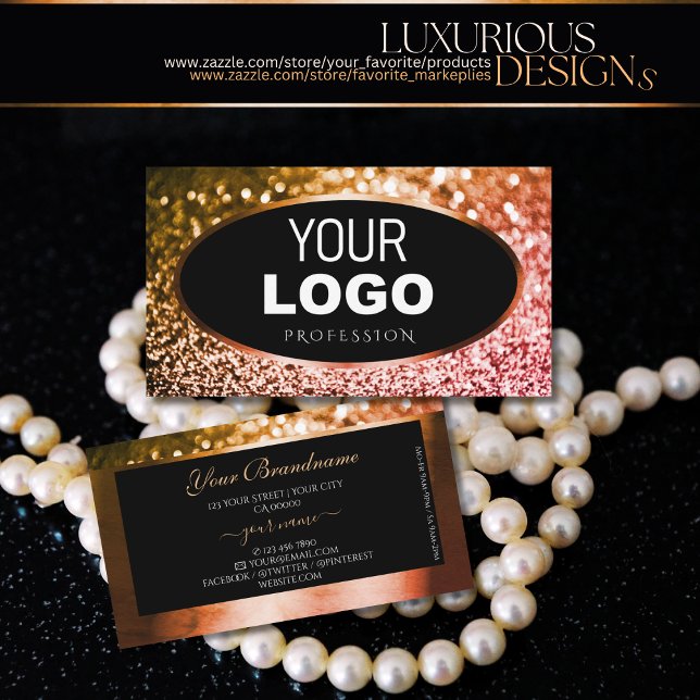 Noble Orange Pink Ombre Glitter Black Add Logo Business Card (Creator Uploaded)