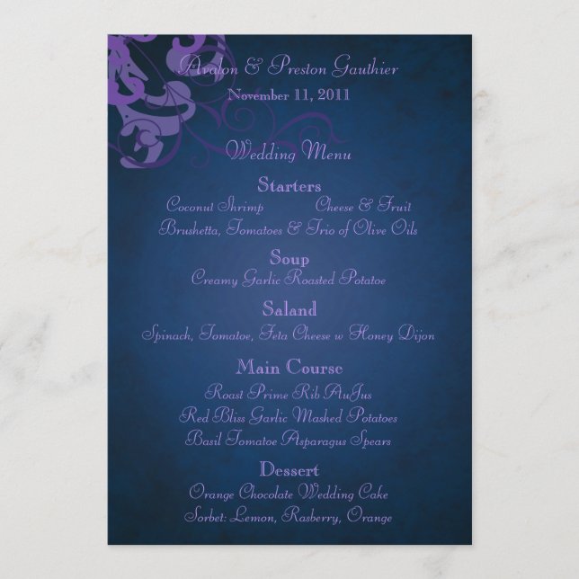 Noble Purple Scroll Blue Wedding Menu (Front)