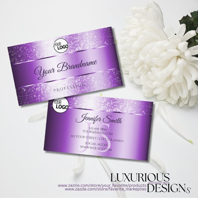 Noble Purple Sparkle Glitter Stars Monogram Logo Business Card (Creator Uploaded)
