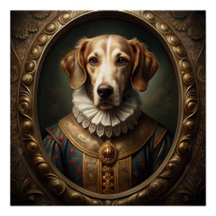 Noble Renaissance Dog Portrait in Vintage Frame  Poster